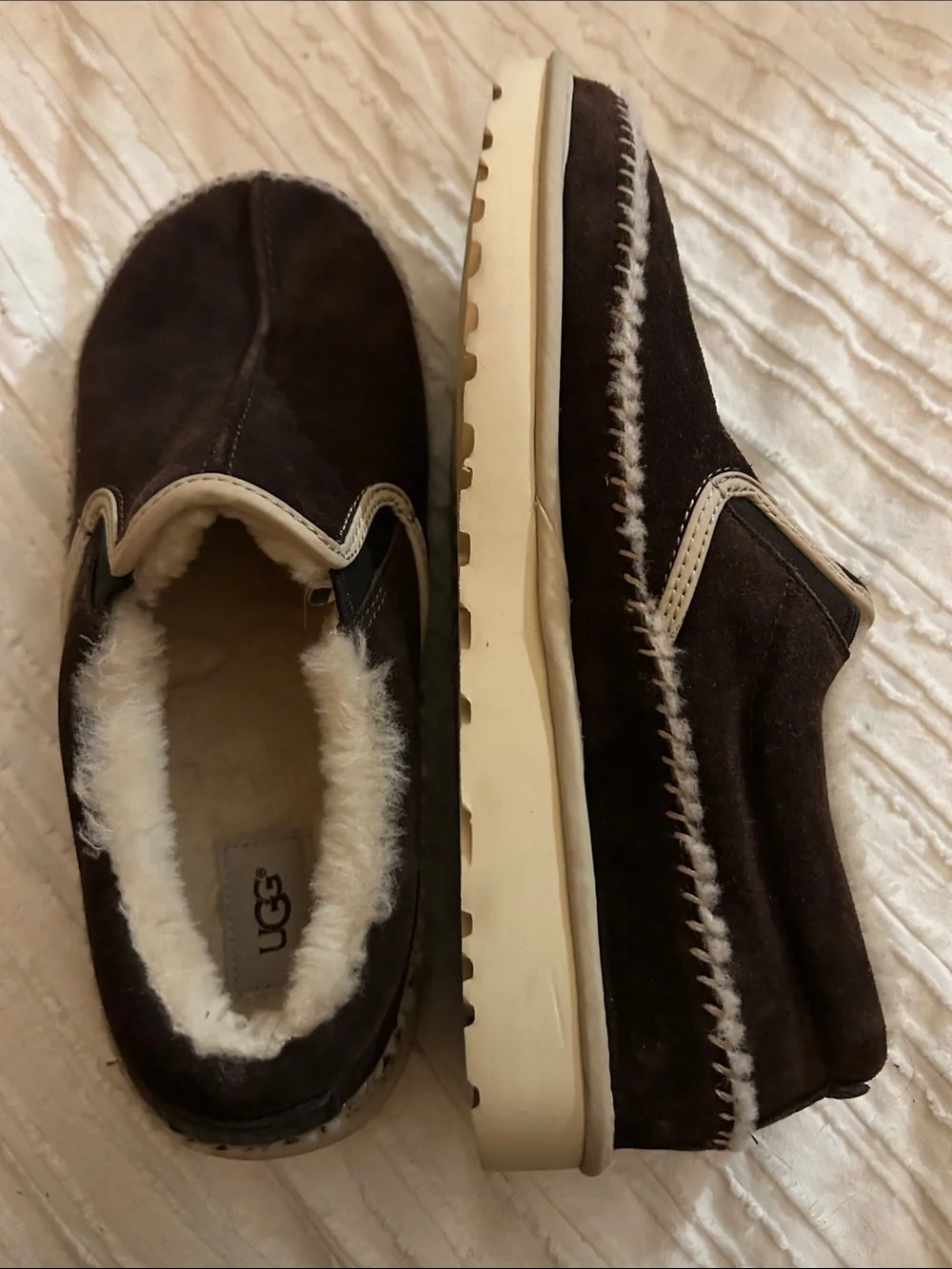 UGG Men's Dark Brown Suede Slip-On Loafers with Cream Shearling